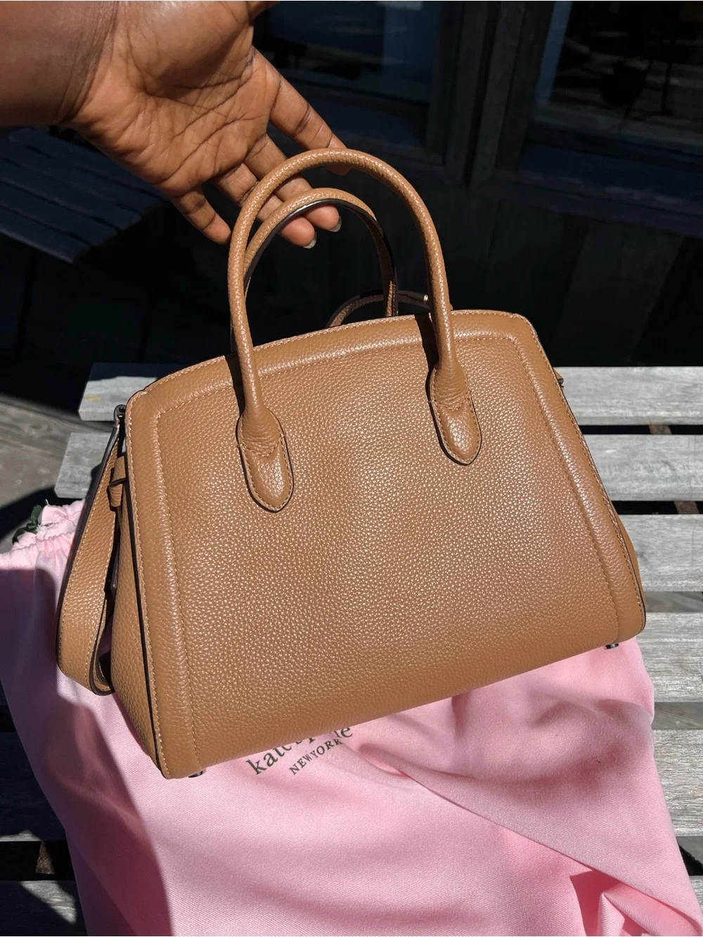 kate spade tan leather satchel with crystal heart charm